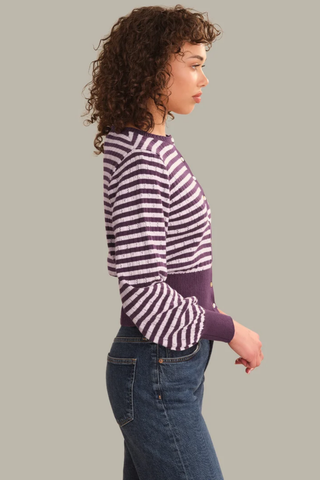 Beckett Striped Pointelle Blouson Sleeve High Rib Cardigan
