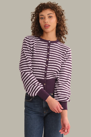 Beckett Striped Pointelle Blouson Sleeve High Rib Cardigan
